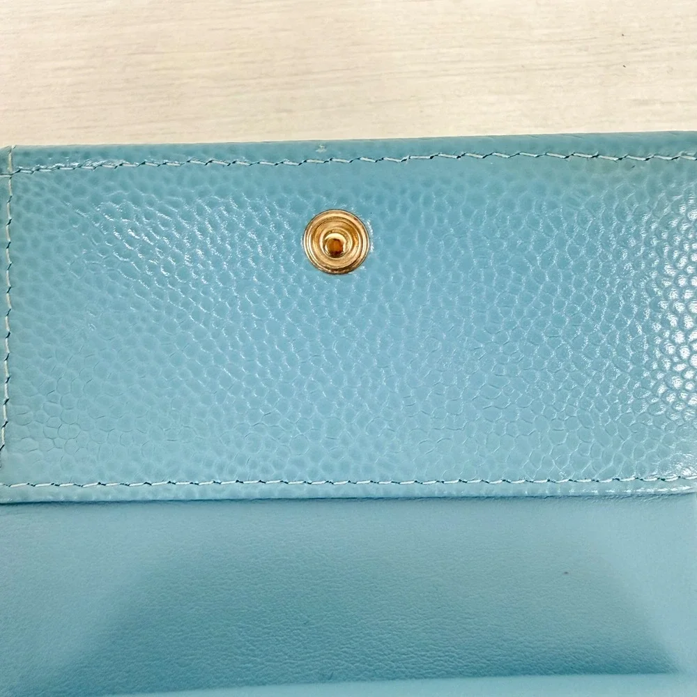 Chanel Boy Flap Wallet Light Blue Caviar Leather Gold Hardware Quilted Authentic